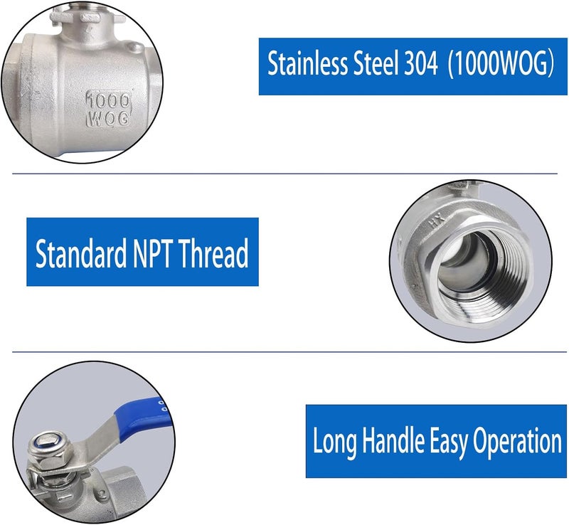 POTONZ Full Port Ball Valve 1/2" NPT Heavy Duty Stainless Steel 304 Male x Female Thread For Water,Oil and Gas（1000WOG） - Image 3